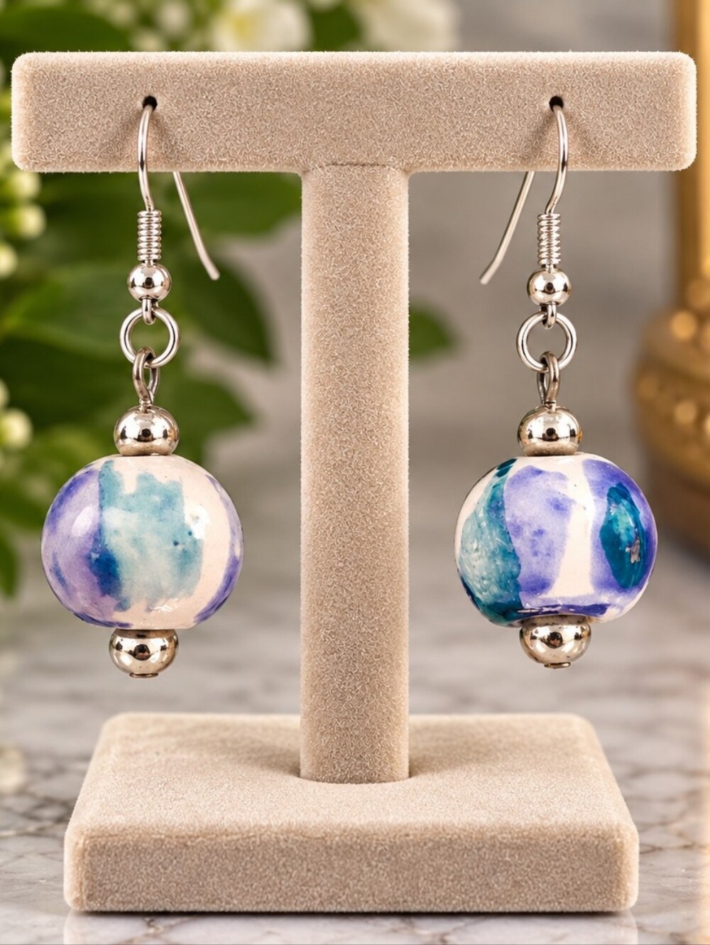 Blue & White Ceramic Bead Earrings Casual Everyday Beach Coastal - Pre-loved